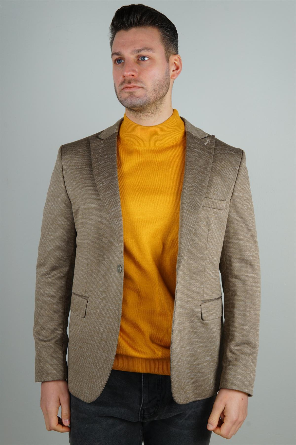 Maserto Slim Fit Kahverengi Ceket Kendinden Desenli