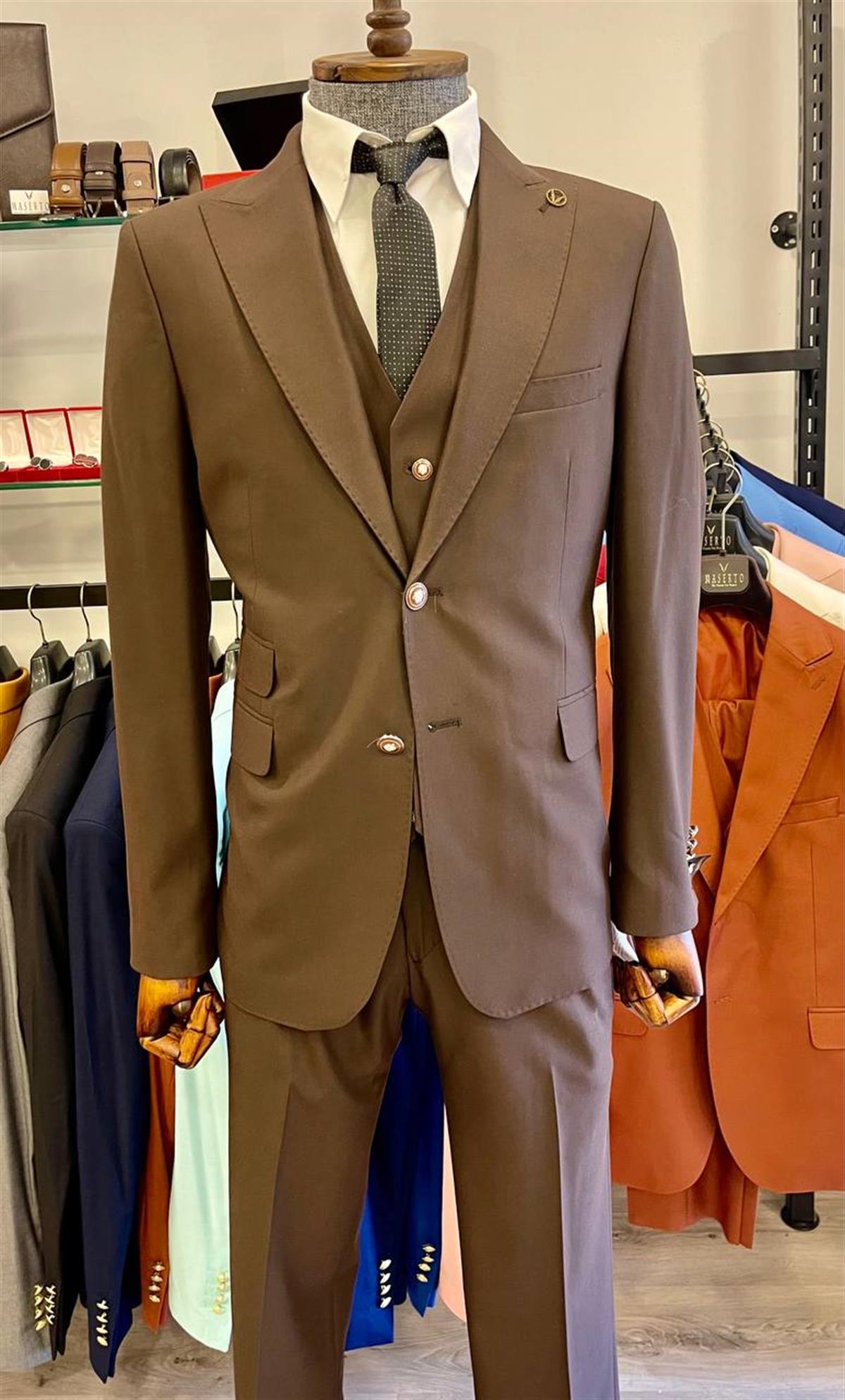 Maserto Slim Fit Kahverengi Takım Elbise Düz Desenli