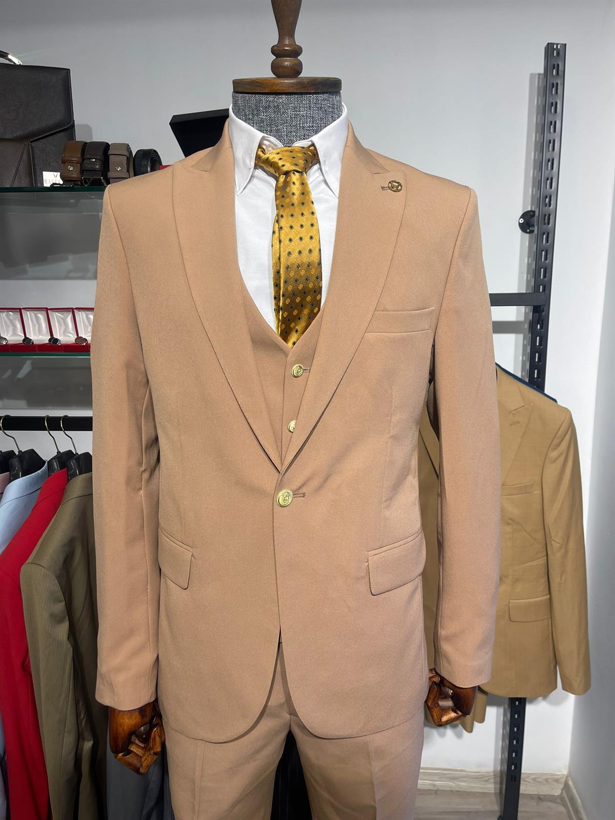 Maserto Slim Fit Kahverengi Takım Elbise Düz Desenli