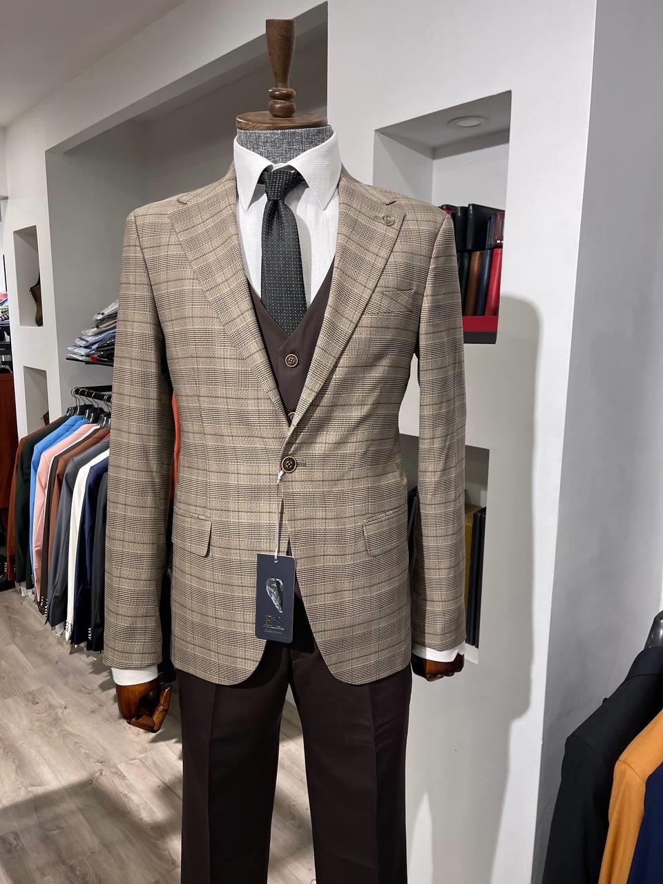 Maserto Slim Fit Kahverengi Takım Elbise Çizgili Desenli