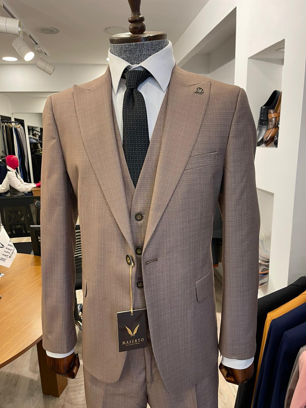 Maserto Slim Fit Kahverengi Takım Elbise Düz Desenli