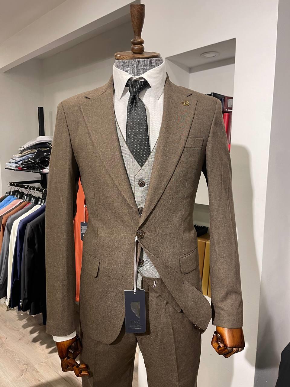 Maserto Slim Fit Kahverengi Takım Elbise Düz Desenli