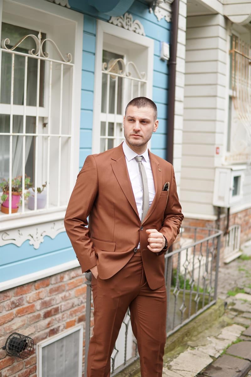 Maserto Slim Fit Kahverengi Takım Elbise Düz Desenli