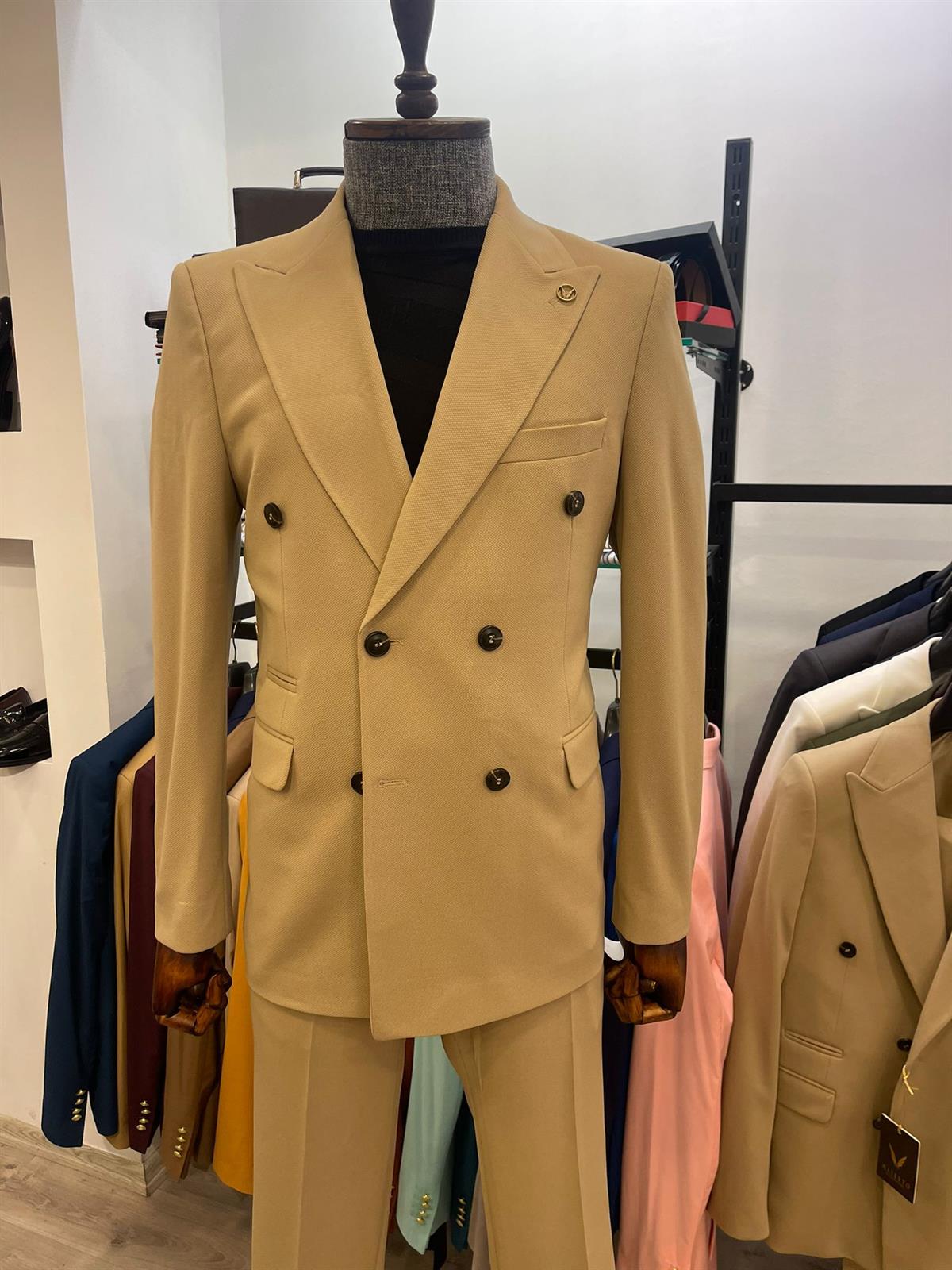 Maserto Slim Fit Kahverengi Takım Elbise Düz Desenli