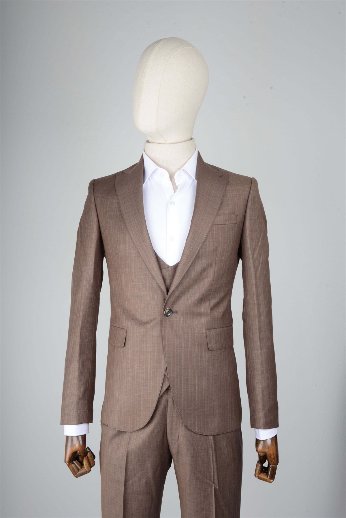 Maserto Slim Fit Kahverengi Yelekli Takım Elbise Çizgi Desenli