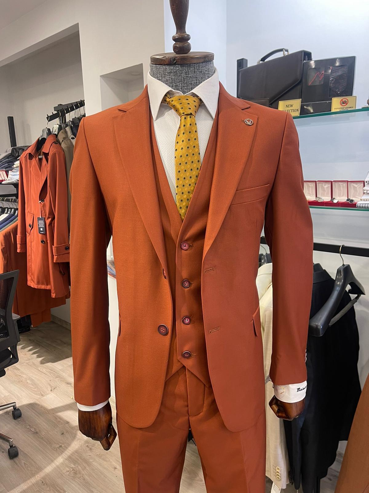 Maserto Slim Fit Kiremit Takım Elbise Düz Desenli