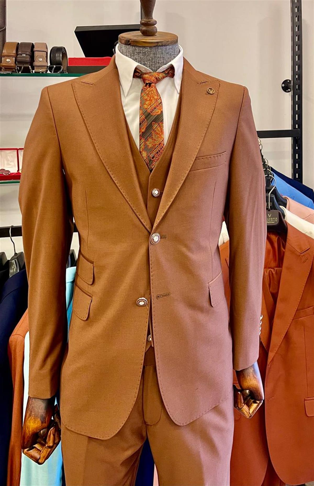 Maserto Slim Fit Kiremit Takım Elbise Düz Desenli