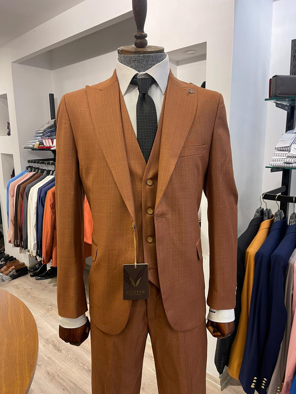 Maserto Slim Fit Kiremit Takım Elbise Düz Desenli