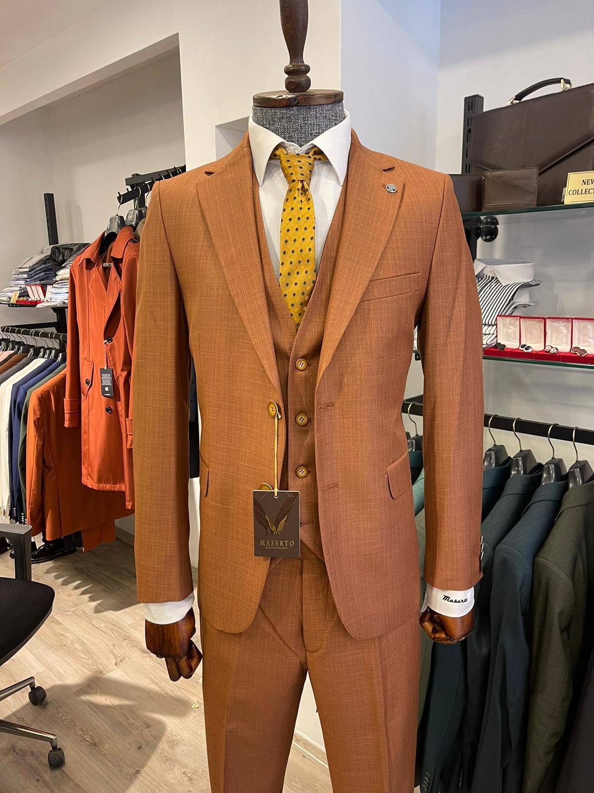 Maserto Slim Fit Kiremit Takım Elbise Düz Desenli