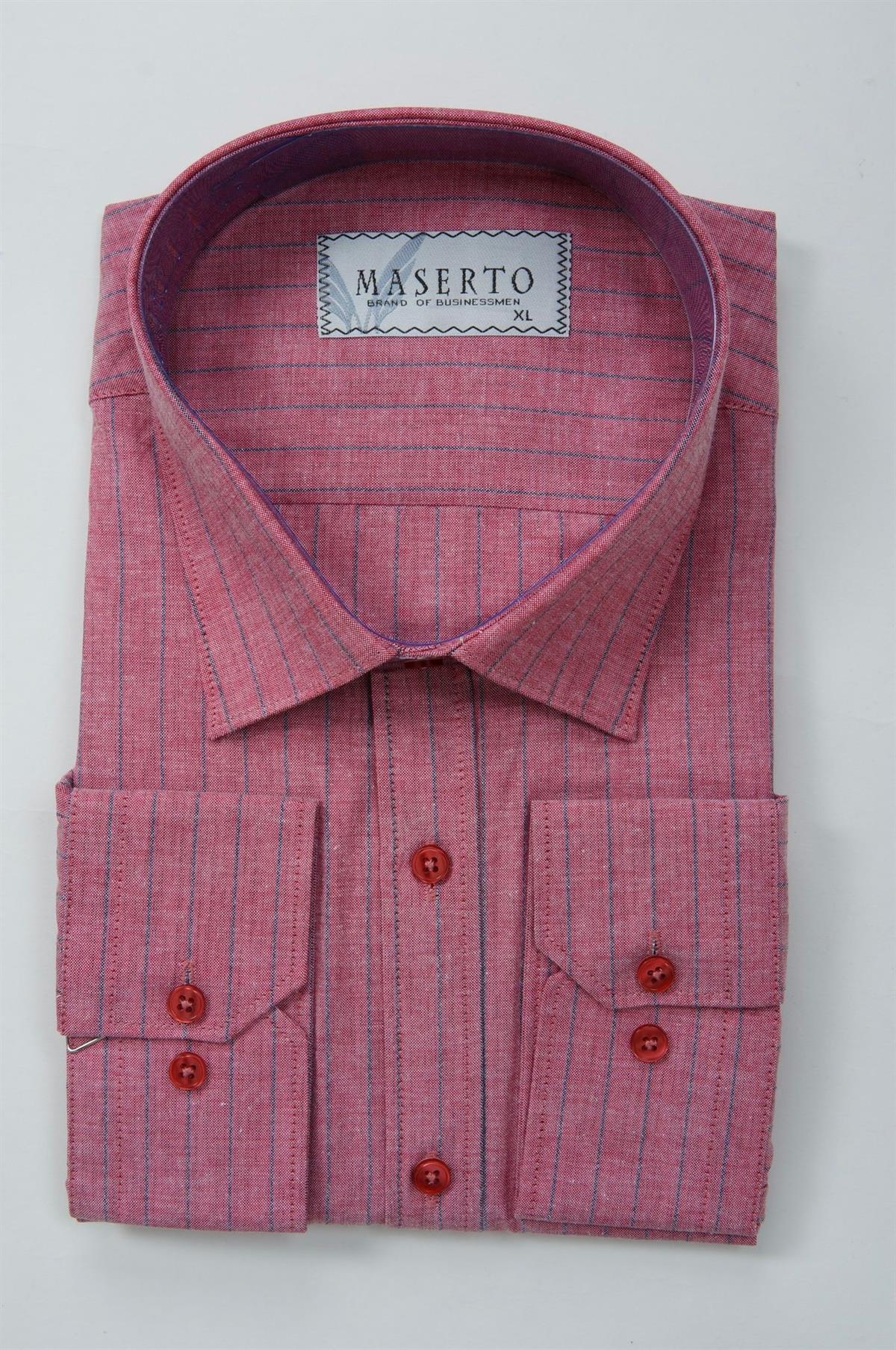 Maserto Slim Fit Kırmızı Gömlek Çizgili Desenli