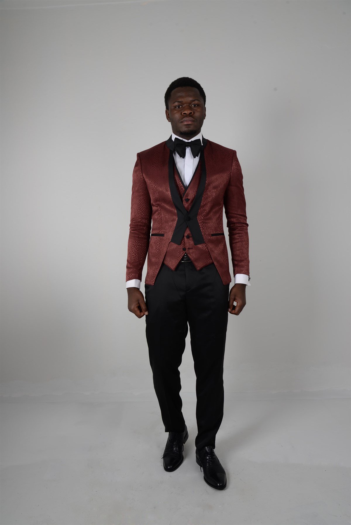 Maserto Slim Fit Kırmızı Smokin Deri Desenli