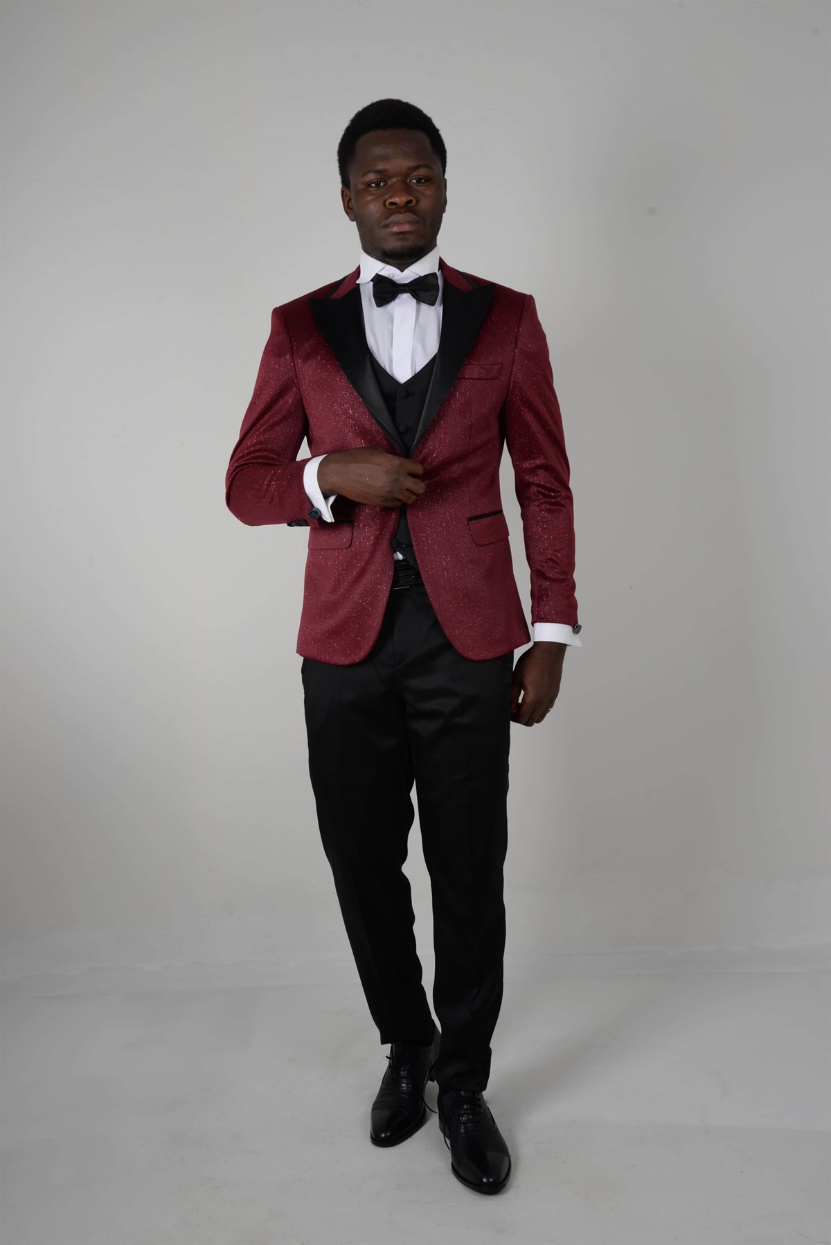 Maserto Slim Fit Red Tuxedo Shiny Patterned
