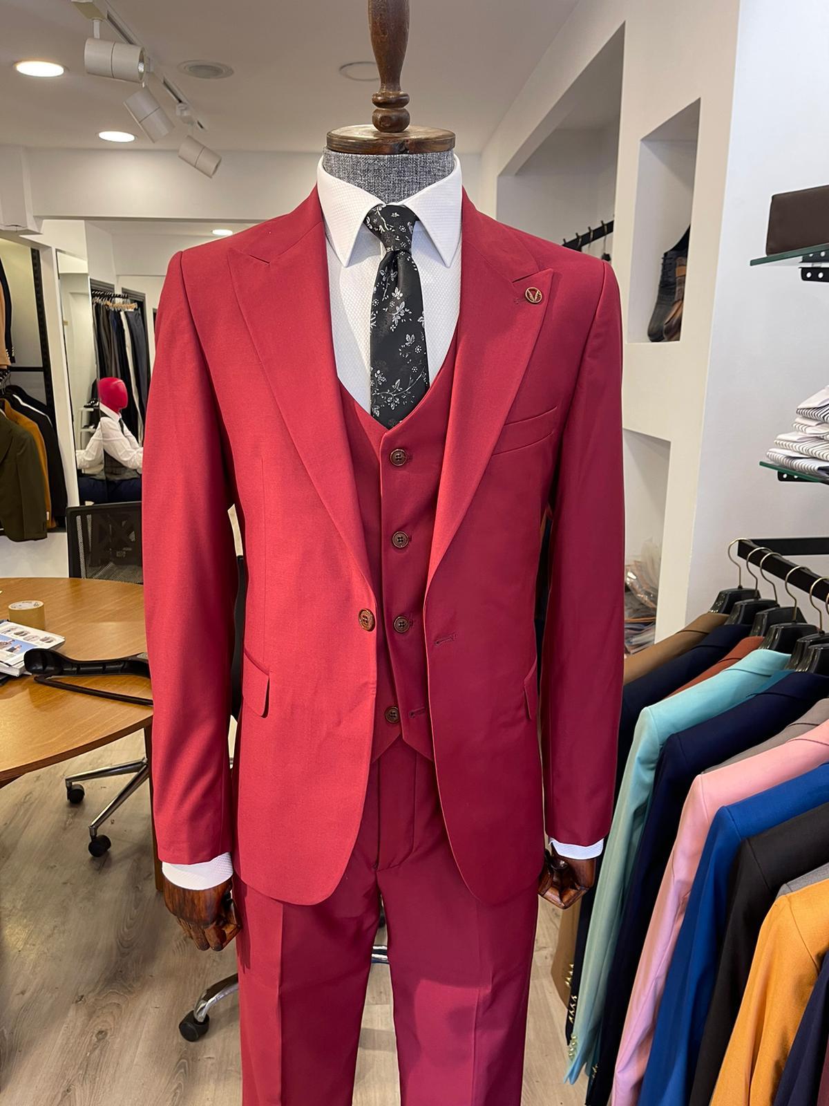 Maserto Slim Fit Kırmızı Takım Elbise Düz Desenli