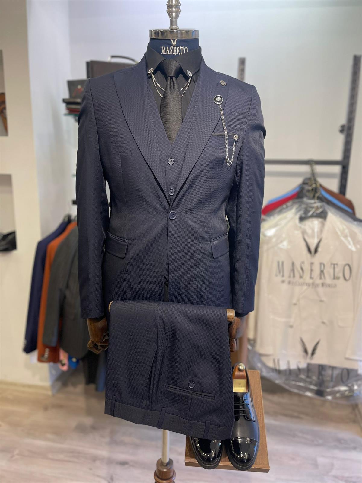 Maserto Slim Fit Kombin Lacivert Takım Elbise Düz Desenli