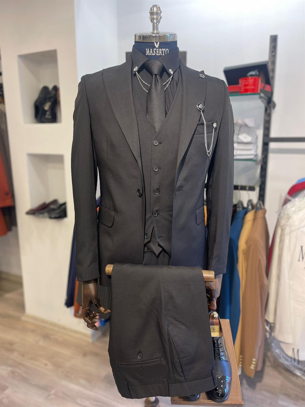 Maserto Slim Fit Kombin Siyah Takım Elbise Düz Desenli