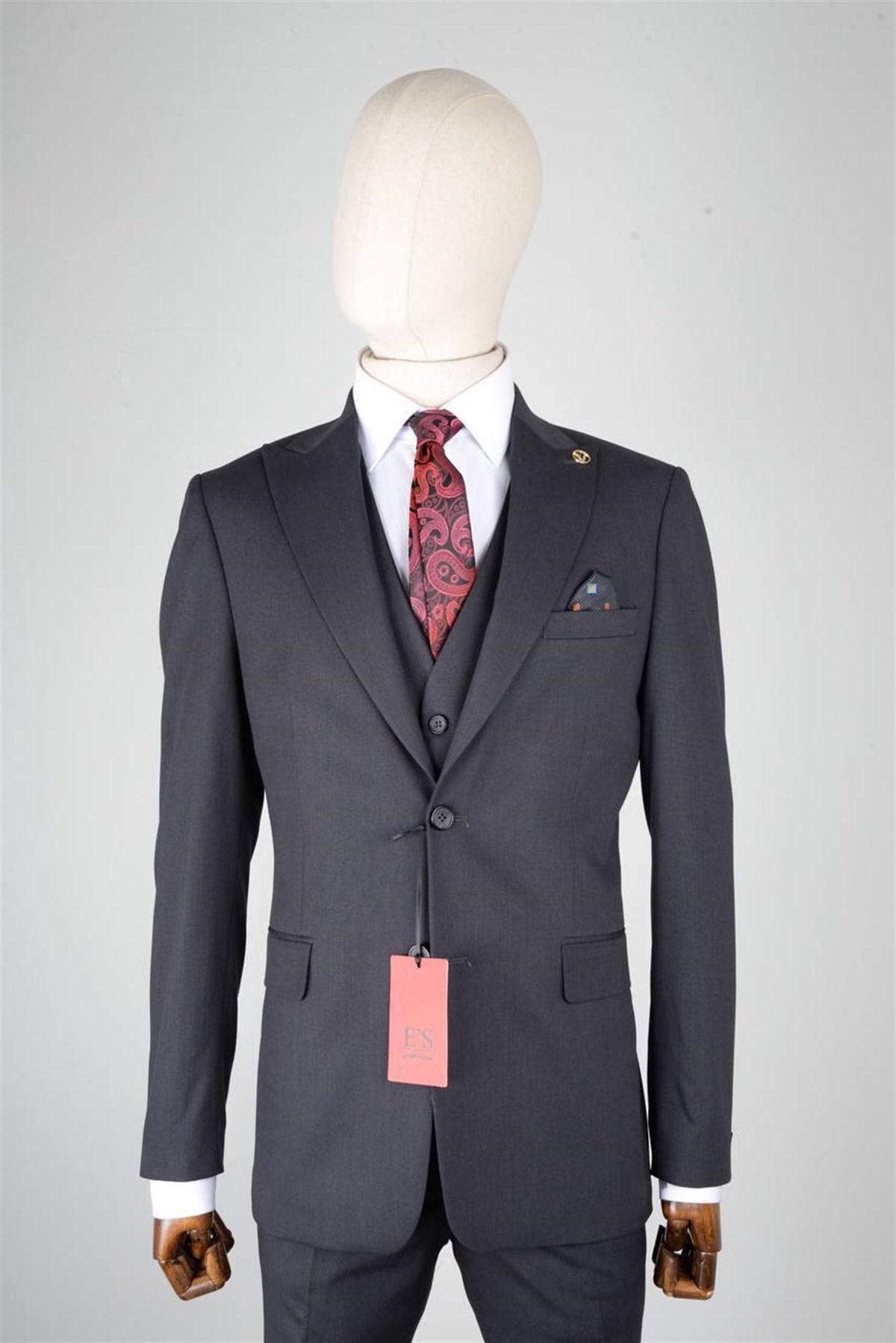 Maserto Slim Fit Koyu Gri Takım Elbise Düz Desenli