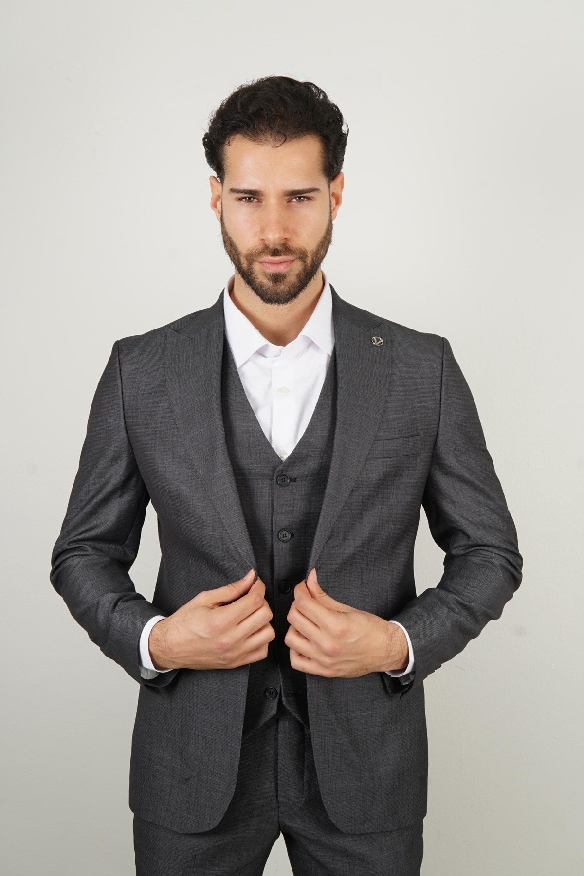 Maserto Slim Fit Koyu Gri Takım Elbise Kendinden Desenli