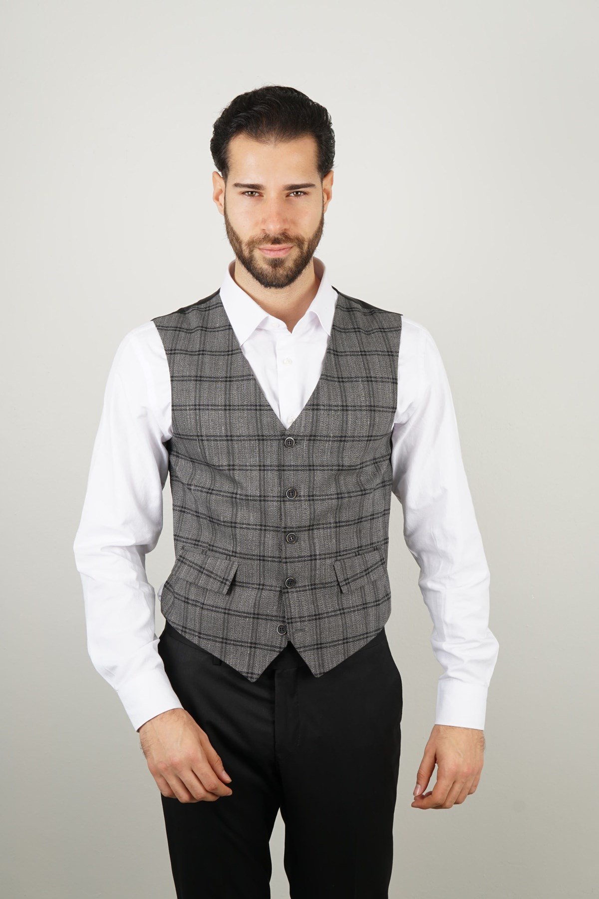 Maserto Slim Fit Dark Gray Vest Plaid Patterned