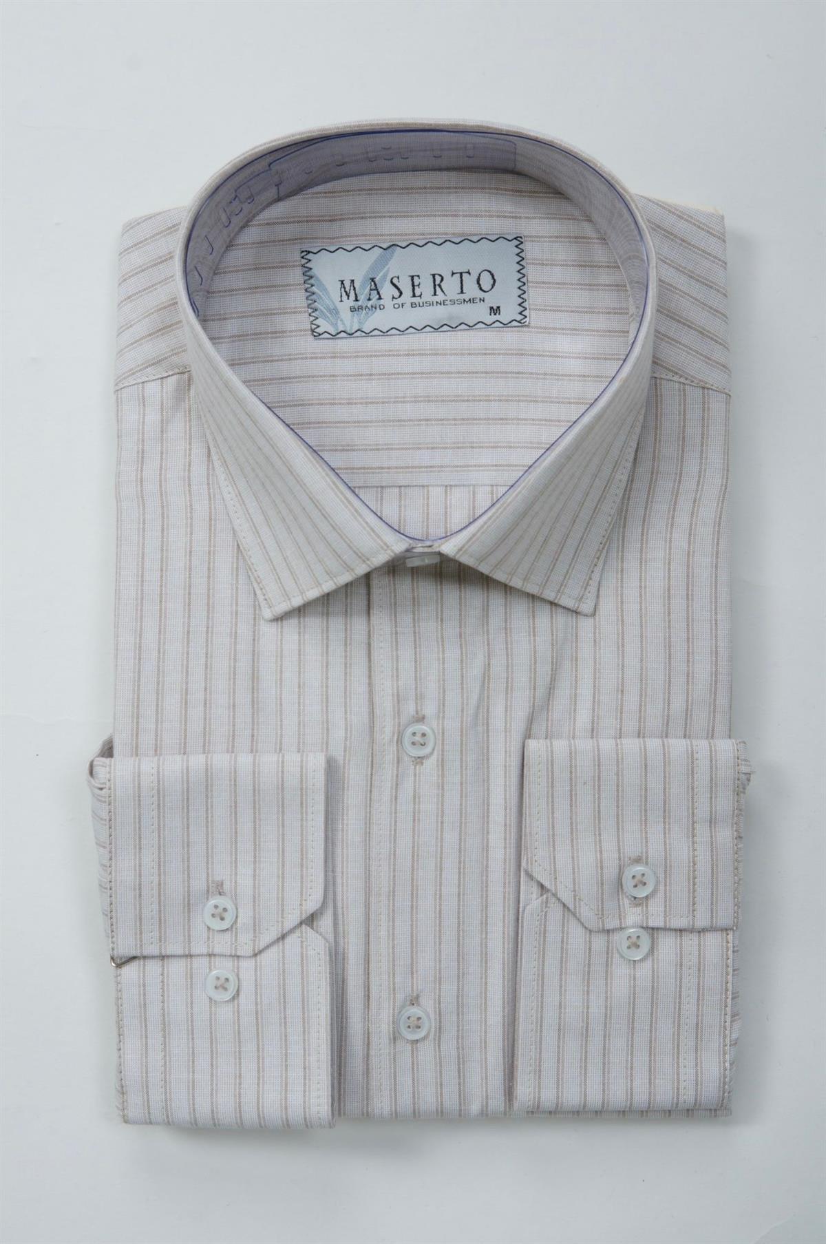 Maserto Slim Fit Krem Gömlek Çizgili Desenli