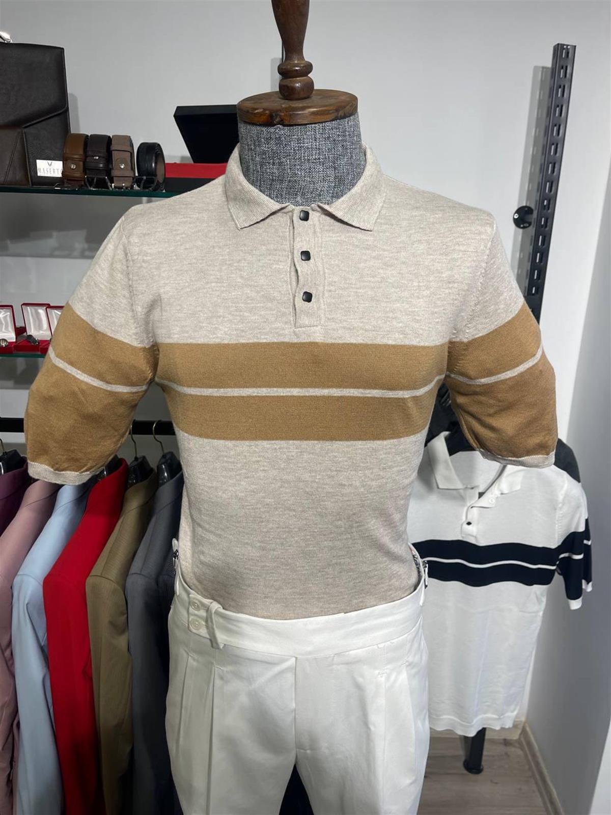 Maserto Slim Fit Krem Polo Yaka T-Shirt Çizgi Desenli