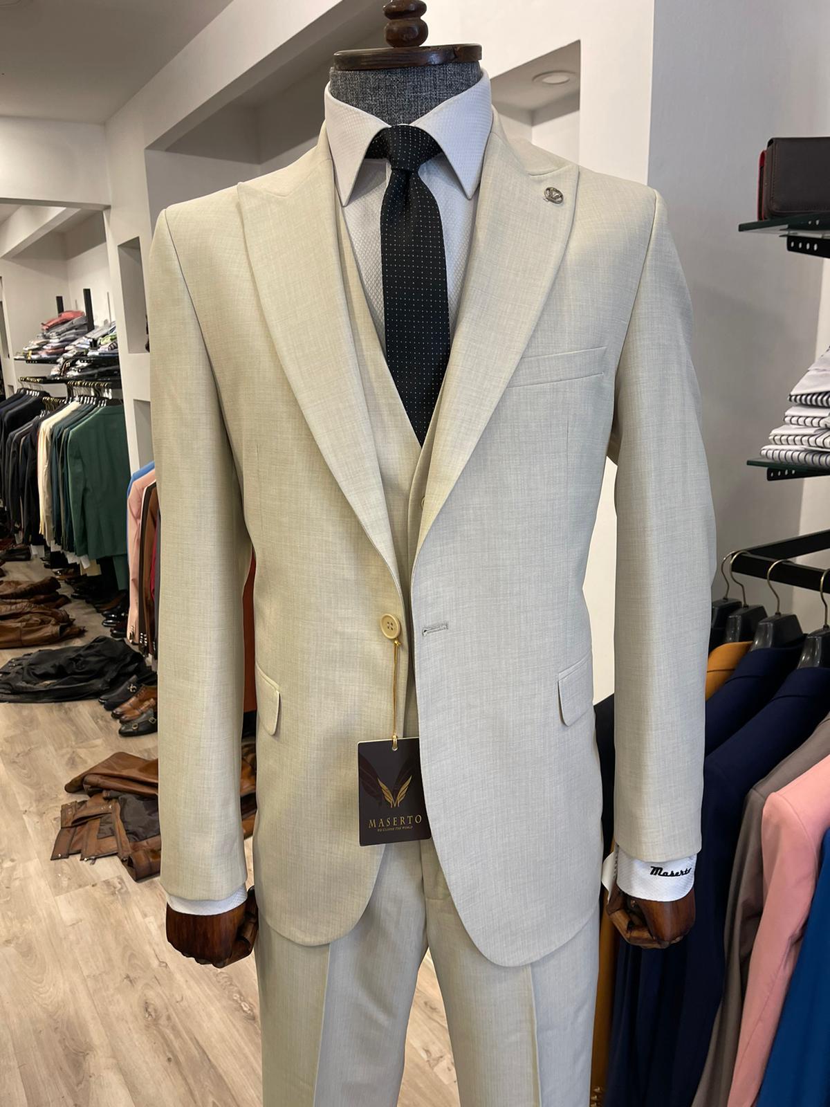 Maserto Slim Fit Krem Takım Elbise Düz Desenli