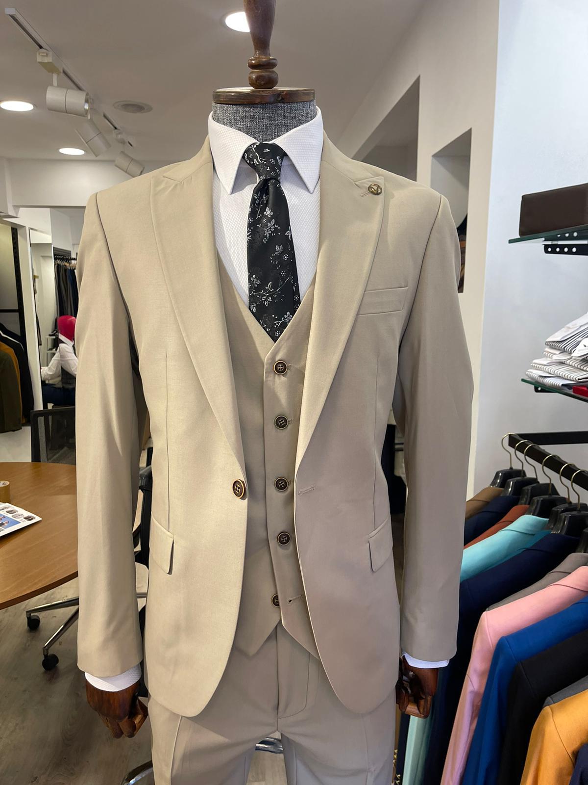 Maserto Slim Fit Krem Takım Elbise Düz Desenli