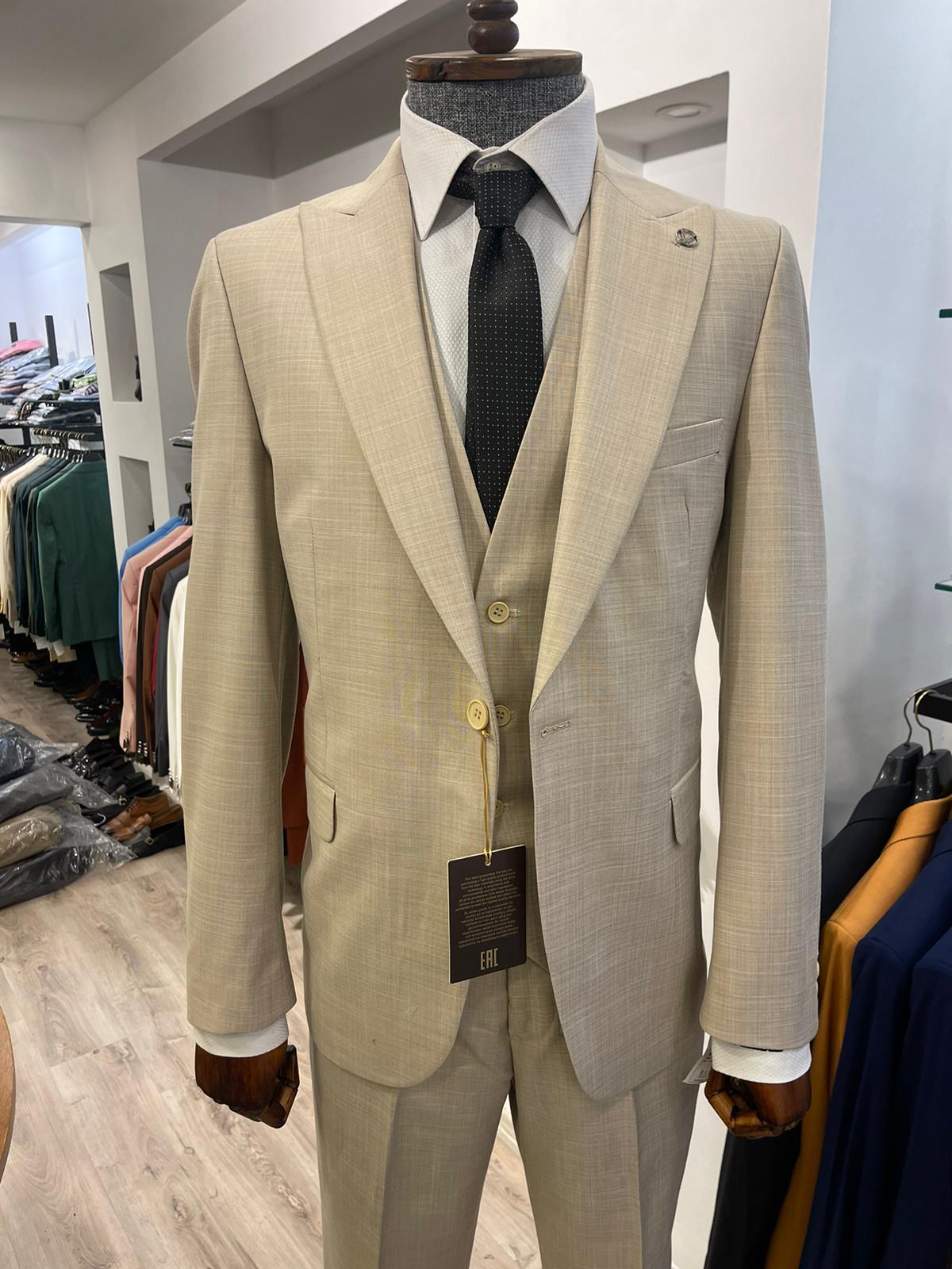 Maserto Slim Fit Krem Takım Elbise Düz Desenli