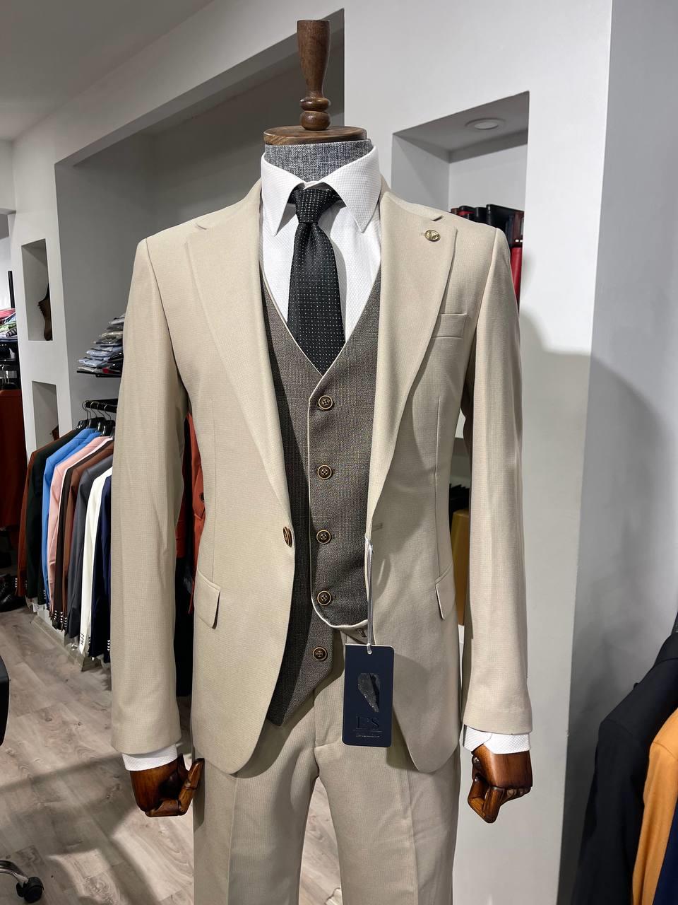 Maserto Slim Fit Krem Takım Elbise Düz Desenli