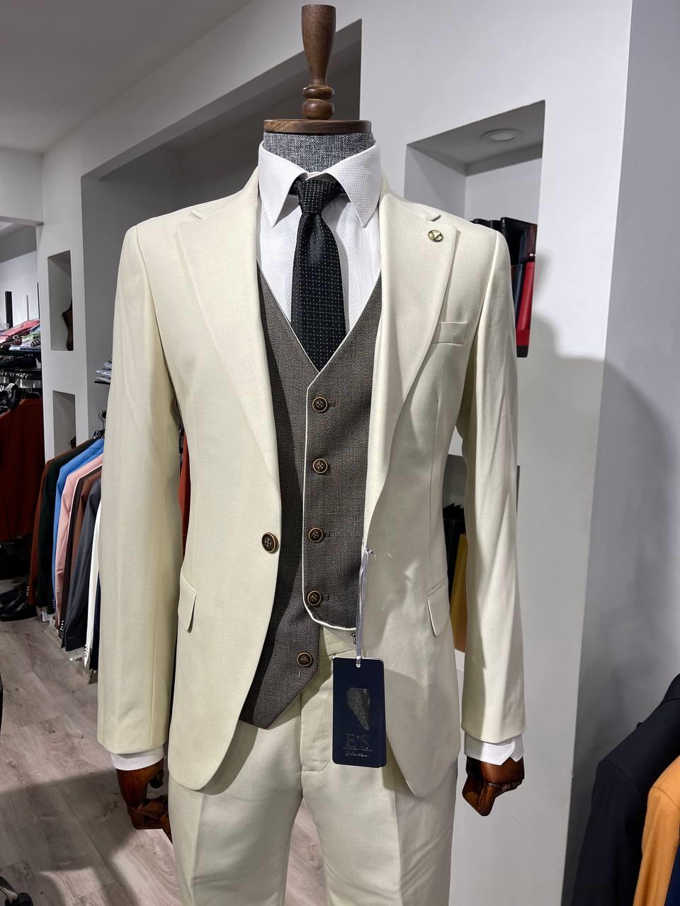Maserto Slim Fit Krem Takım Elbise Düz Desenli