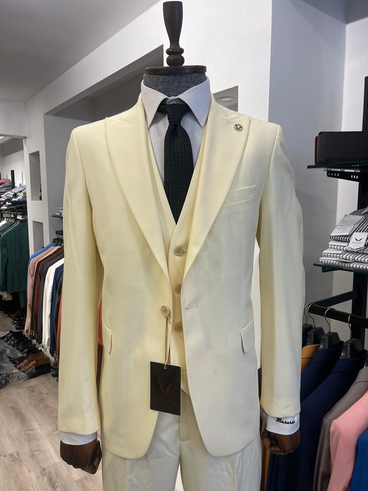 Maserto Slim Fit Krem Takım Elbise Düz Desenli