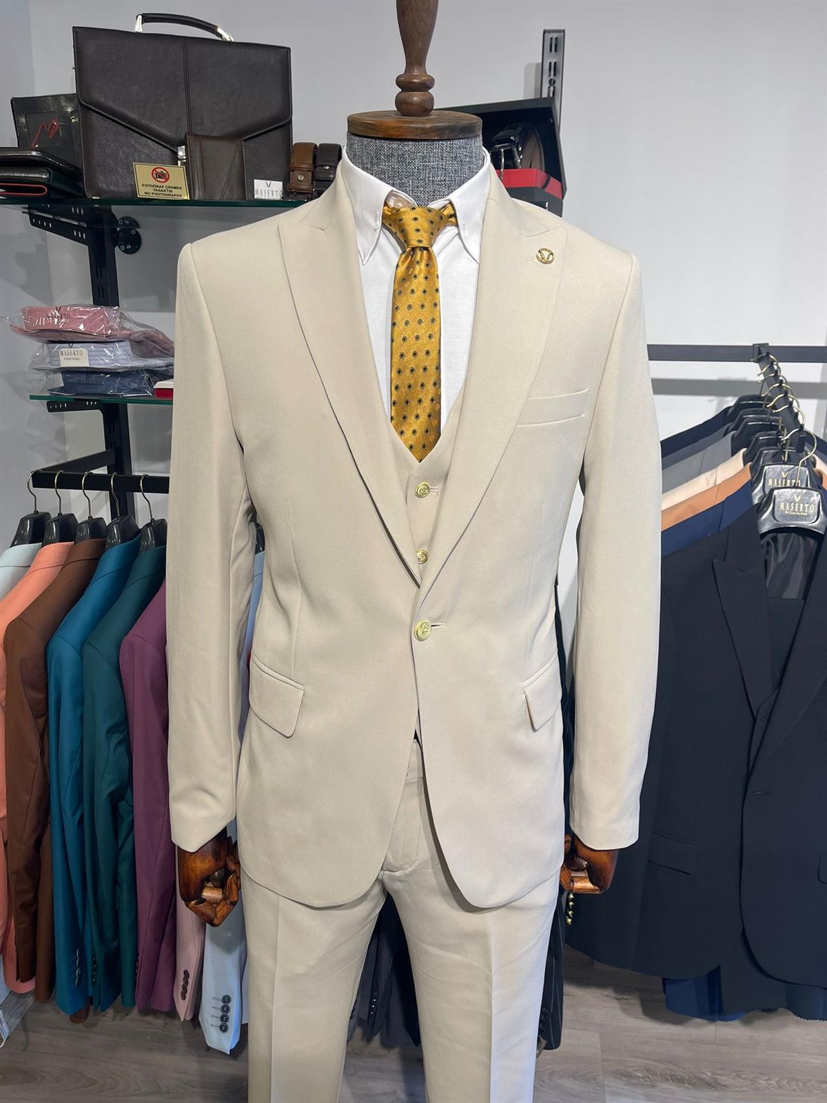 Maserto Slim Fit Krem Takım Elbise Düz Desenli