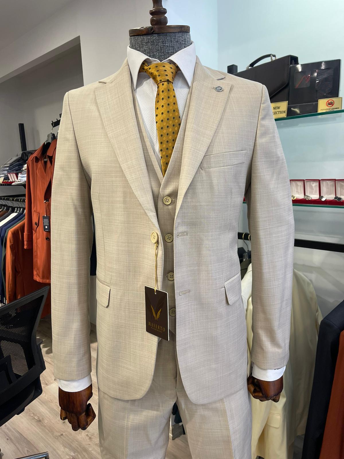 Maserto Slim Fit Krem Takım Elbise Düz Desenli