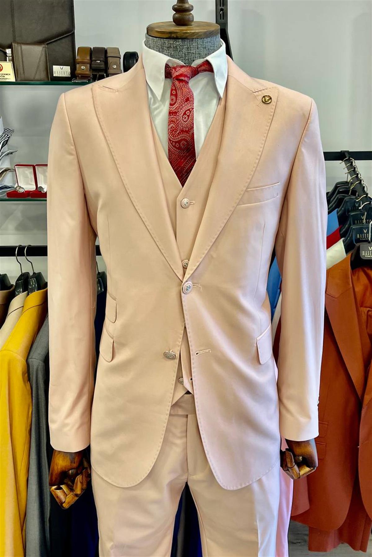 Maserto Slim Fit Krem Takım Elbise Düz Desenli