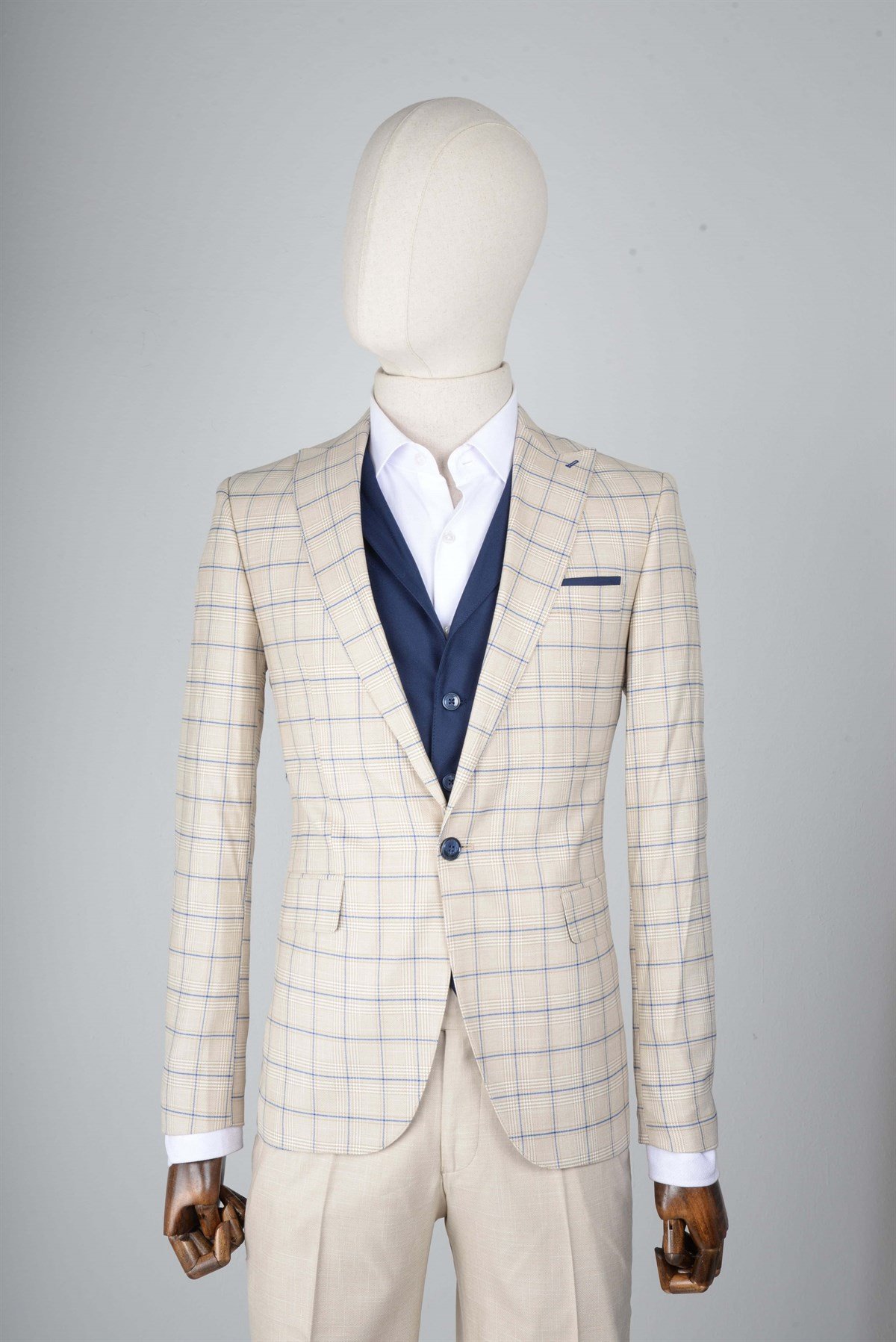 Maserto Slim Fit Krem Yelekli Takım Elbise Ekose Desenli