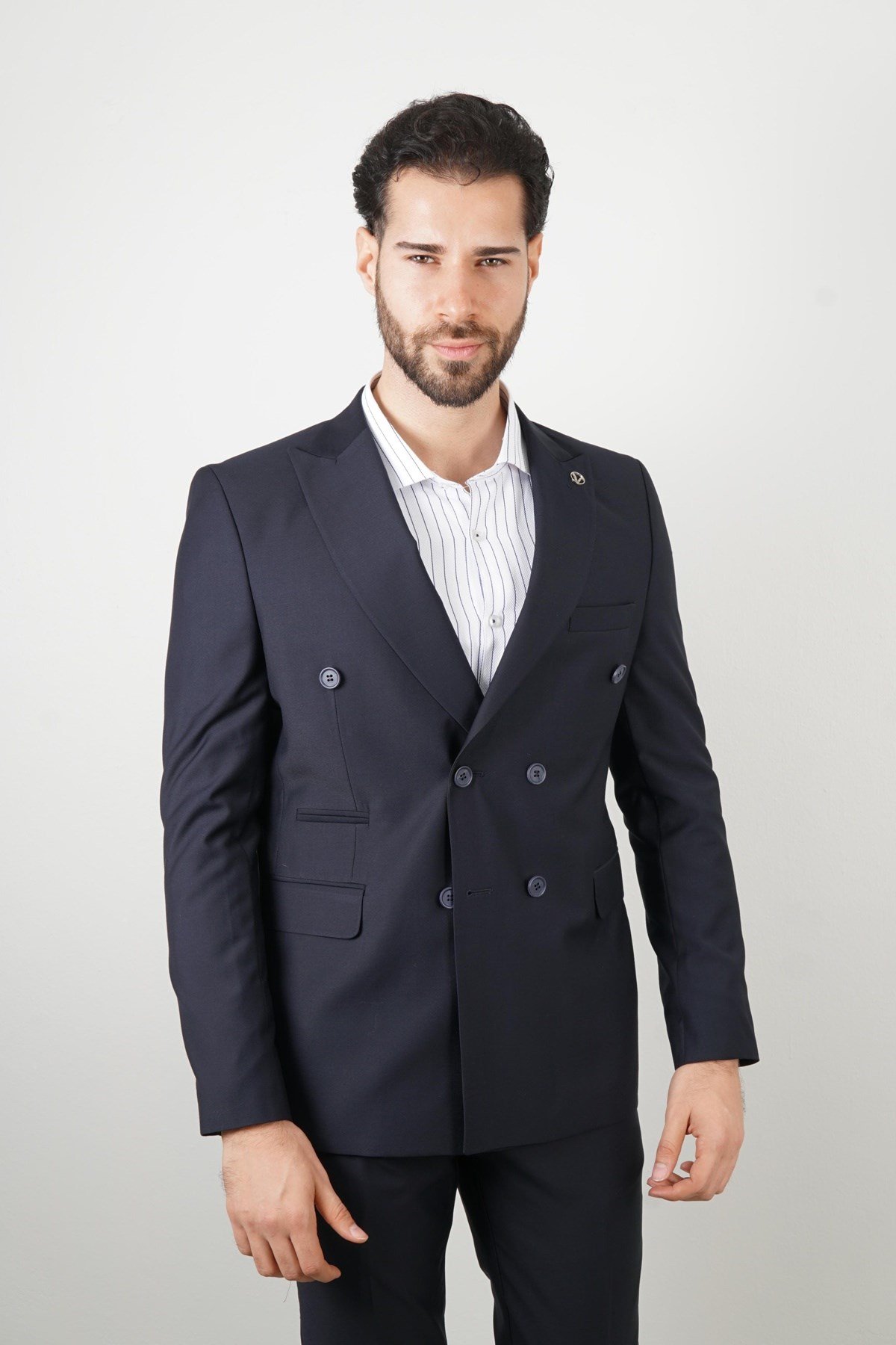 Maserto Slim Fit Kruvaze Lacivert Takım Elbise Düz Desenli