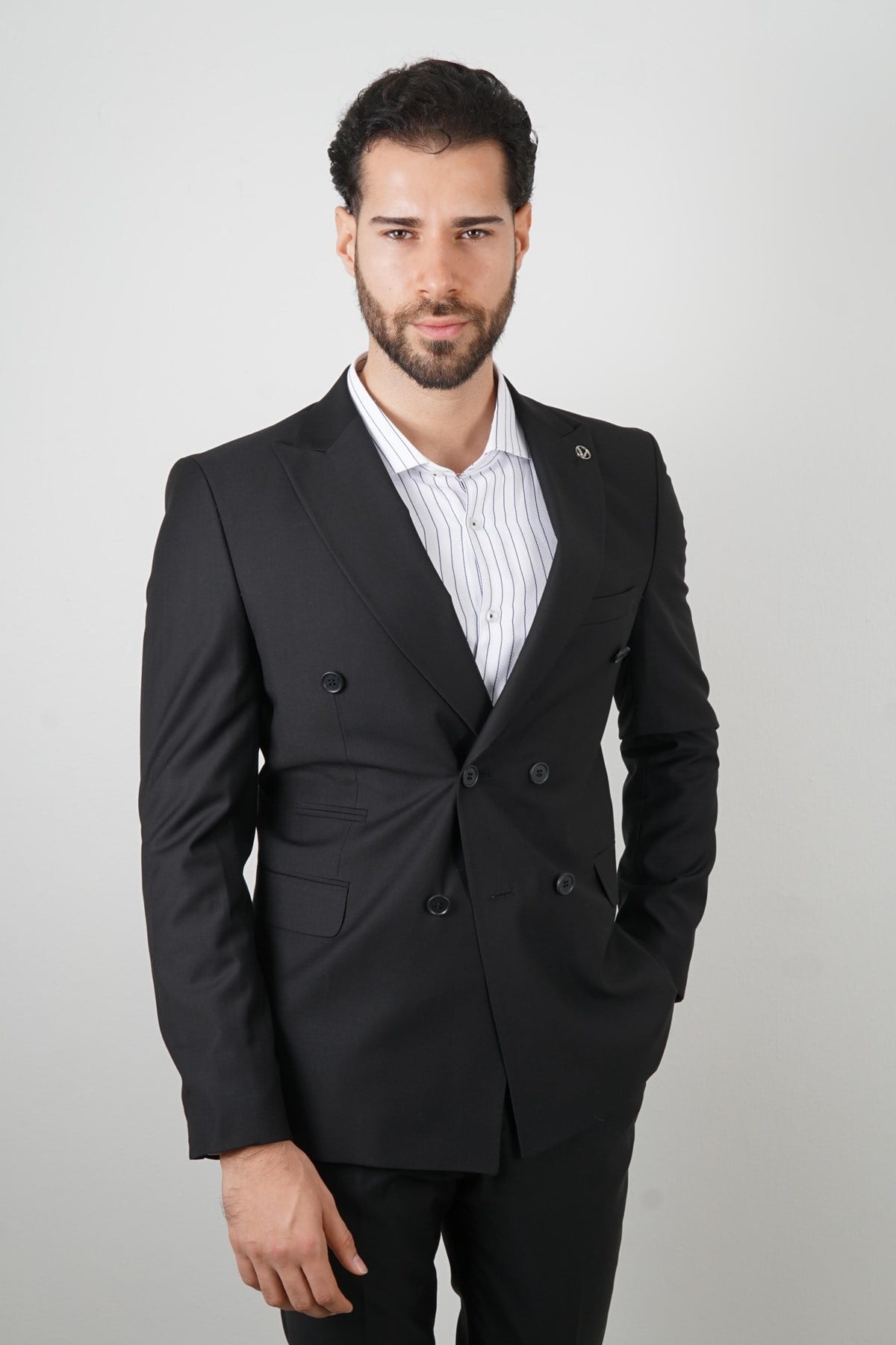 Maserto Slim Fit Kruvaze Siyah Takım Elbise Düz Desenli