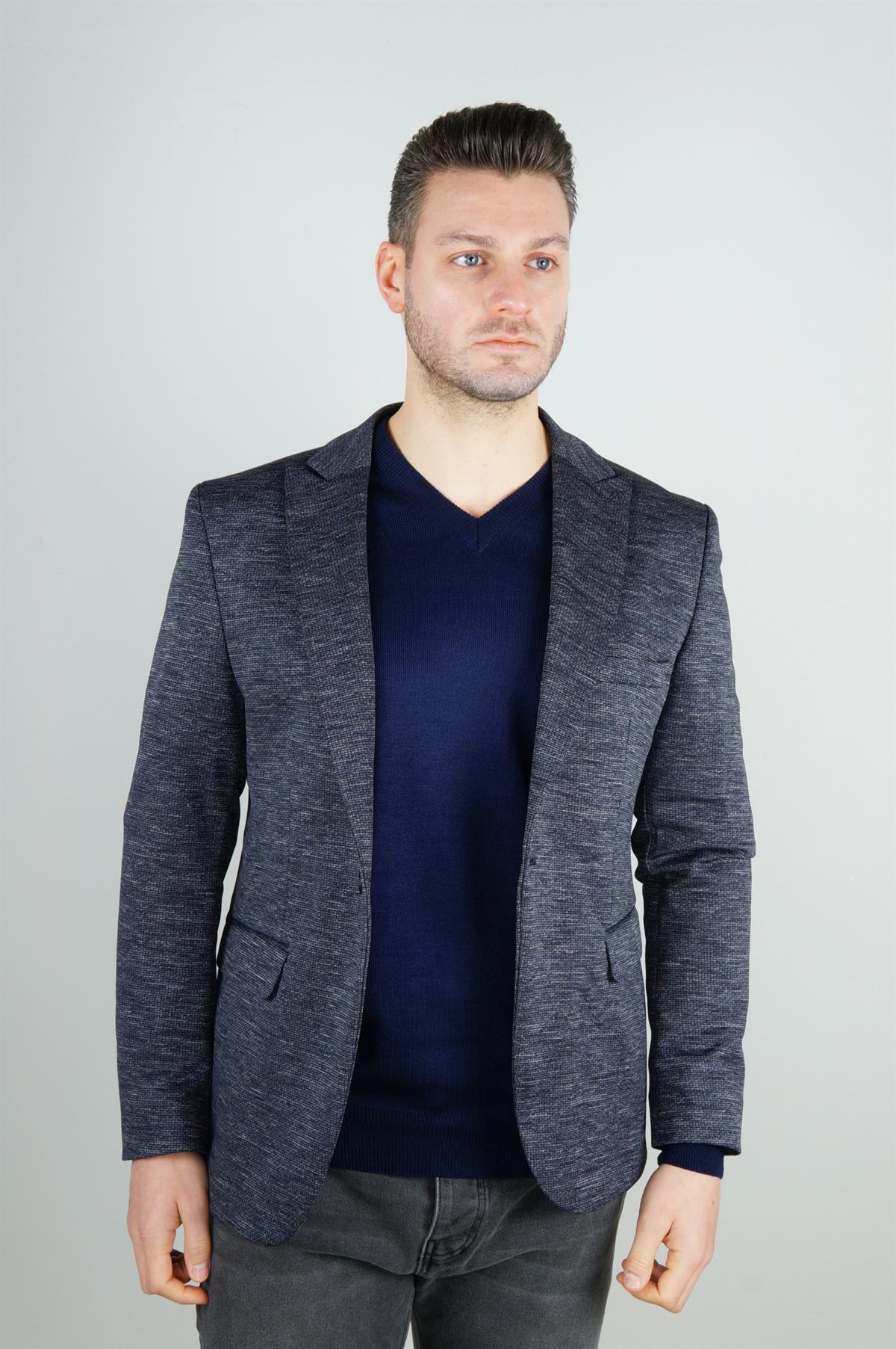 Maserto Slim Fit Lacivert Ceket Kendinden Desenli