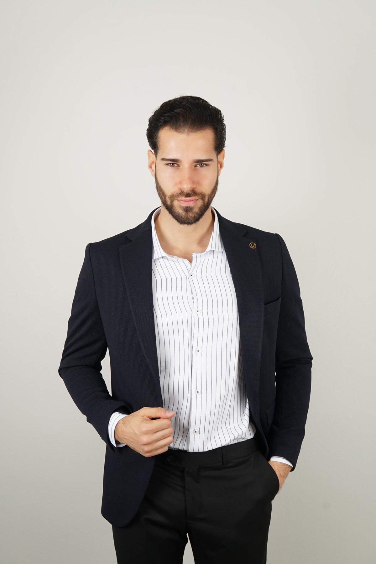 Maserto Slim Fit Navy Blue Jacket Self-Patterned