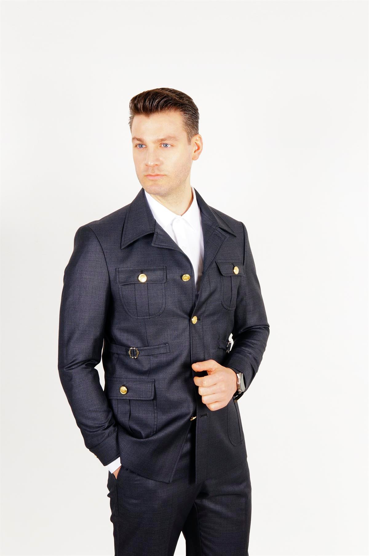 Maserto Slim Fit Lacivert Cepli Takım Elbise Kendinden Desenli