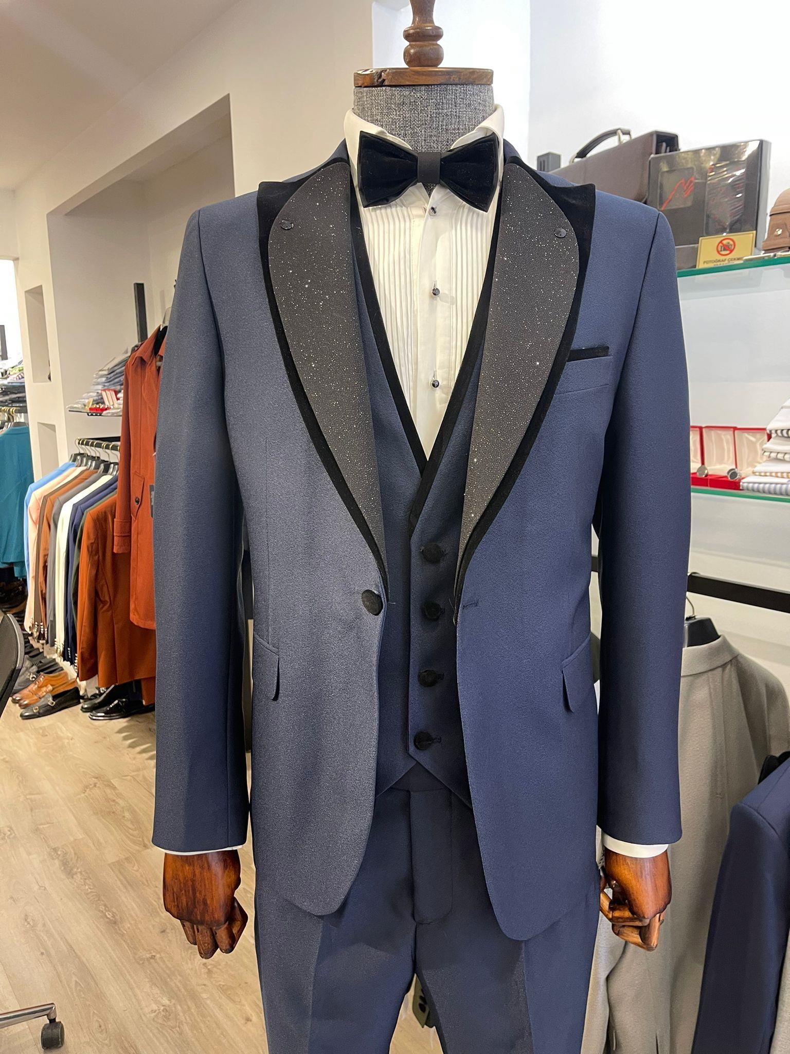 Maserto Slim Fit Lacivert Damatlık Düz Desenli