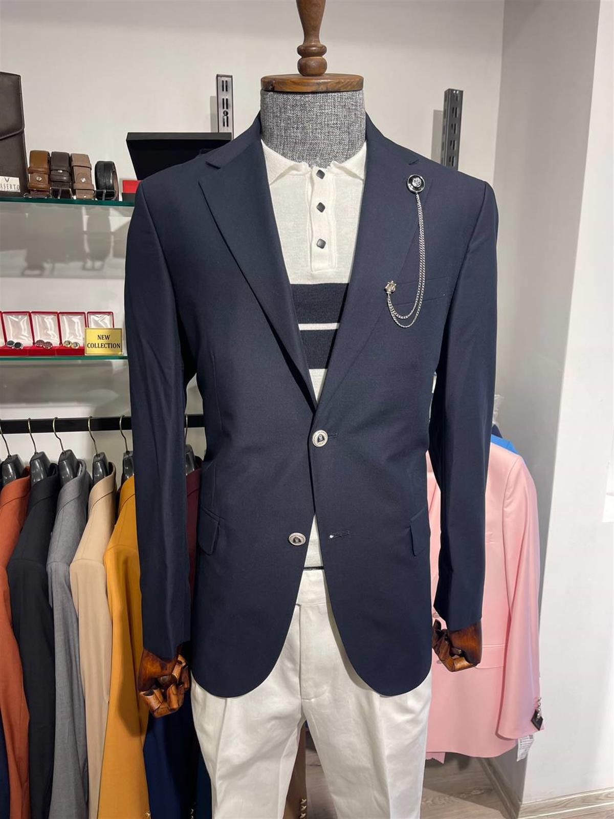 Maserto Slim Fit Lacivert Soft Ceket Düz Desenli