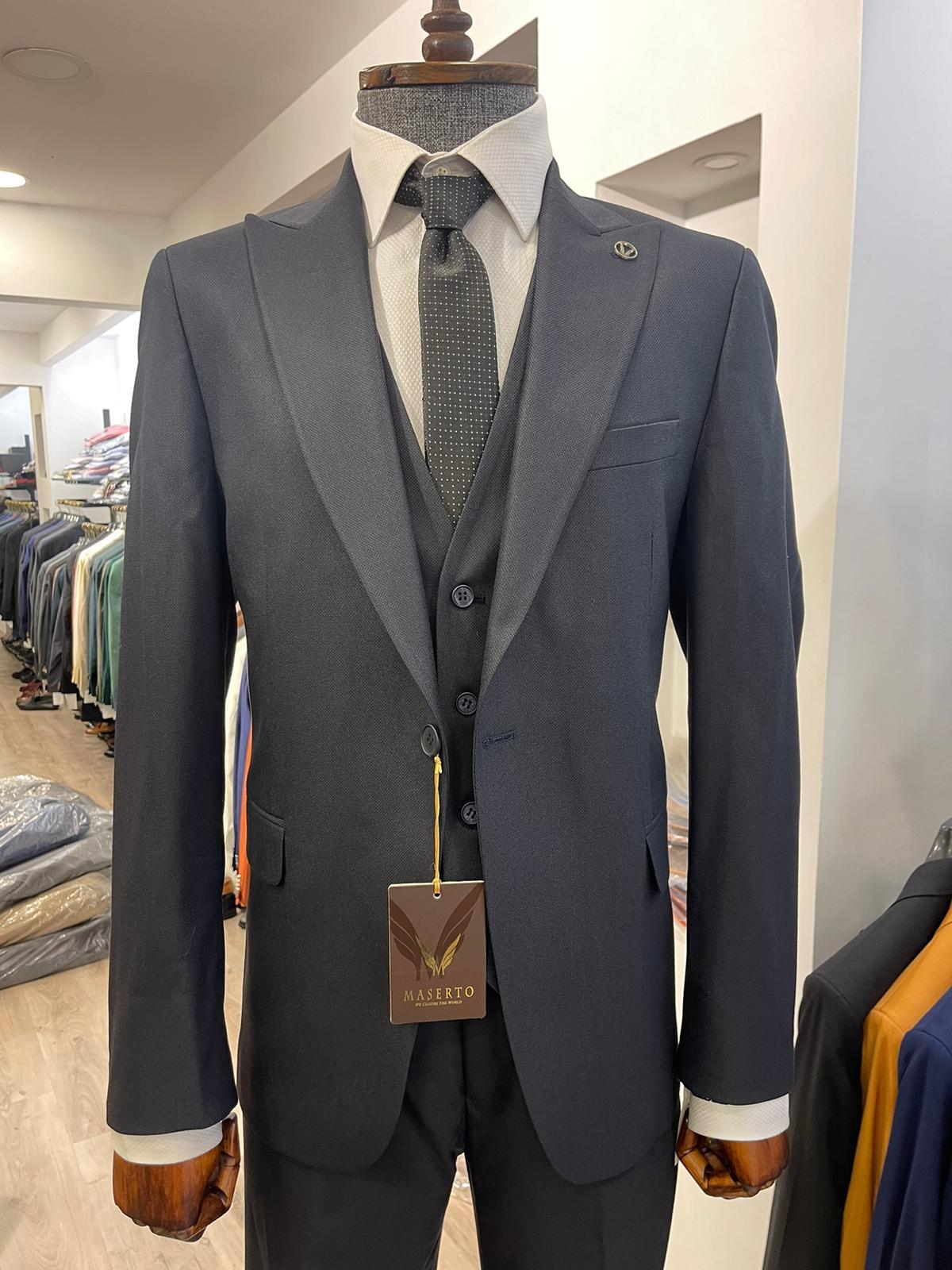 Maserto Slim Fit Lacivert Takım Elbise Düz Desenli