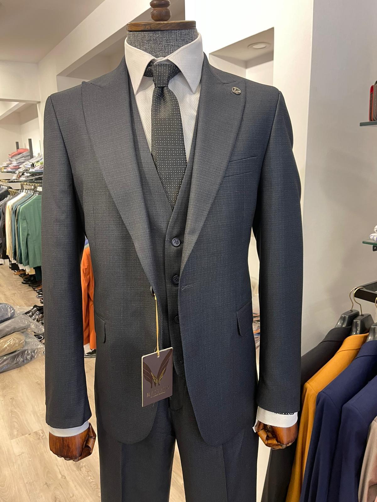 Maserto Slim Fit Lacivert Takım Elbise Düz Desenli