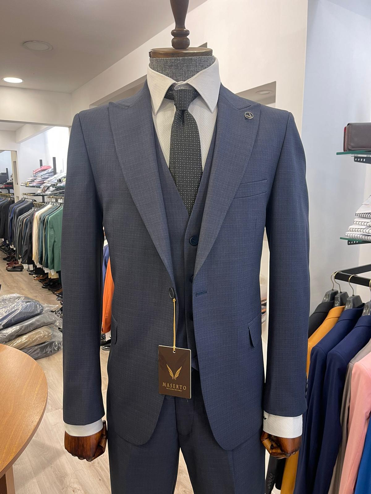 Maserto Slim Fit Lacivert Takım Elbise Düz Desenli