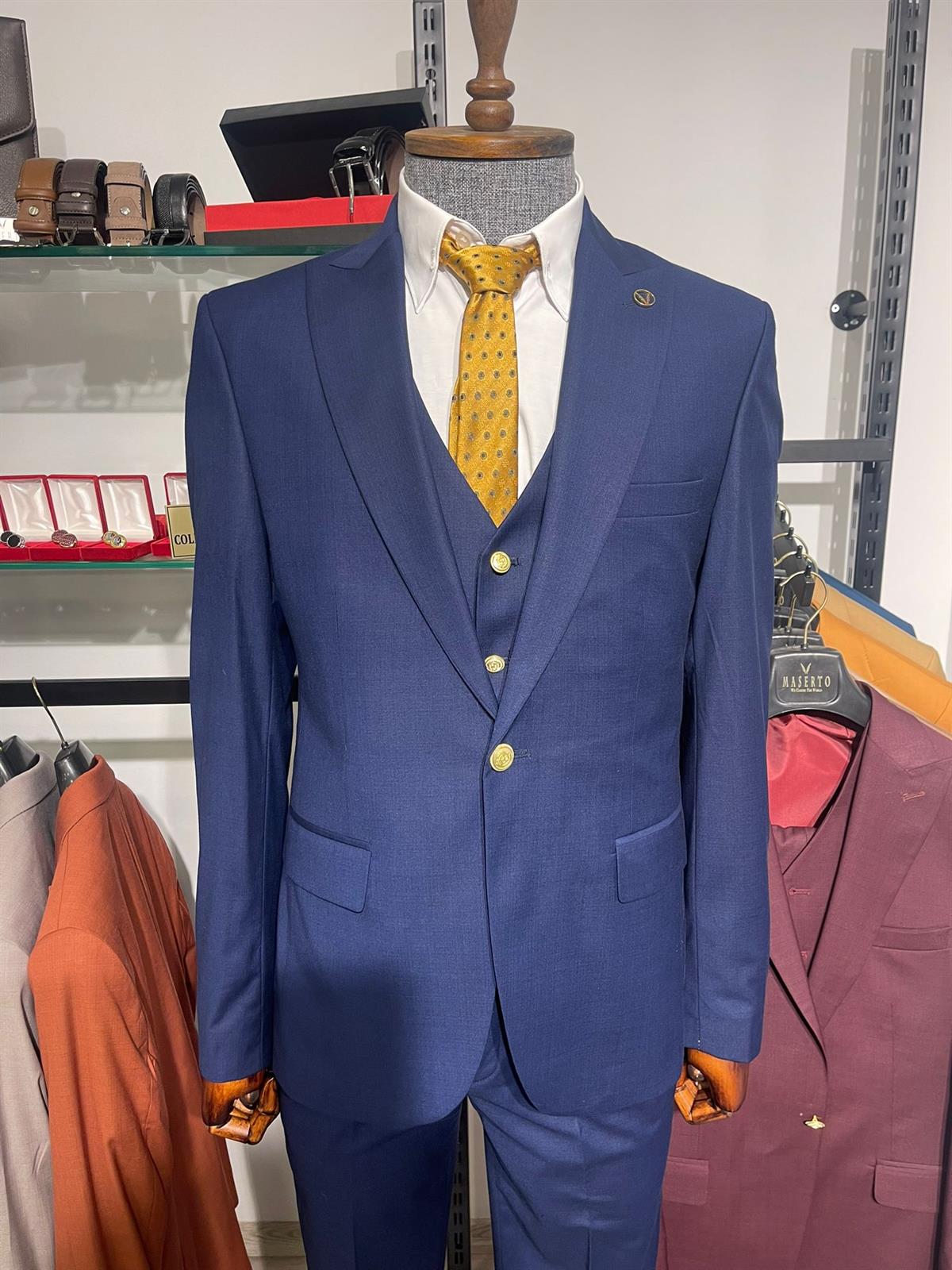 Maserto Slim Fit Lacivert Takım Elbise Düz Desenli