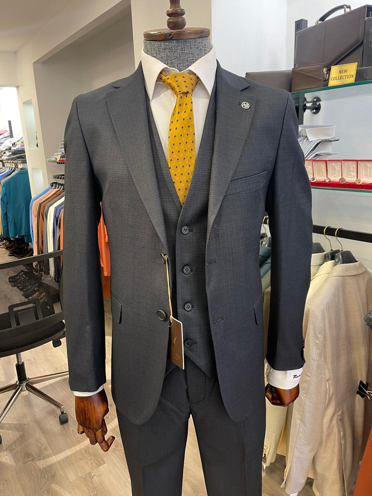 Maserto Slim Fit Lacivert Takım Elbise Düz Desenli
