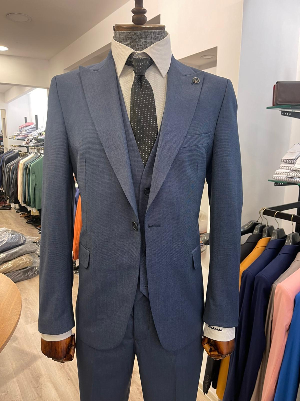 Maserto Slim Fit Lacivert Takım Elbise Düz Desenli