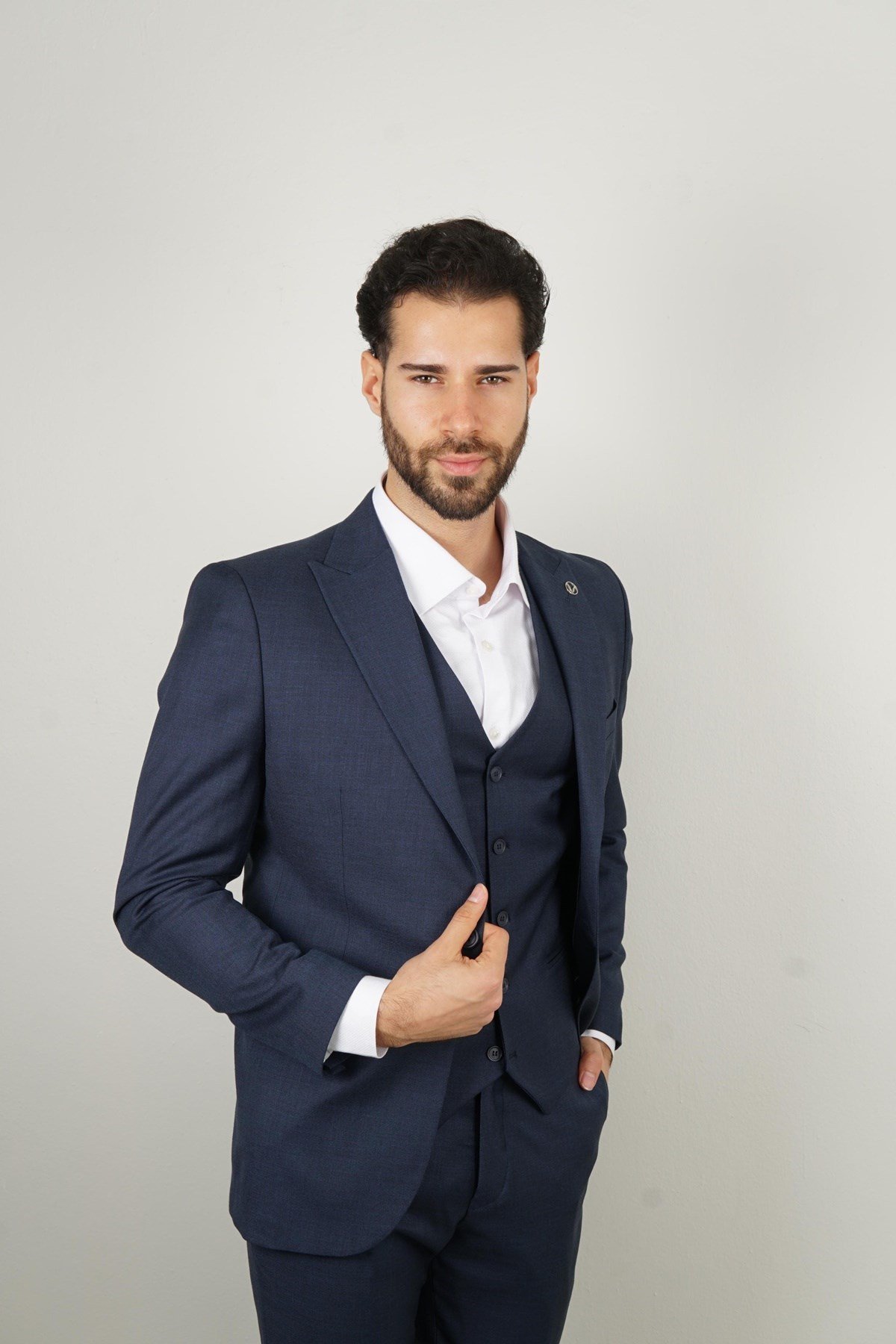 Maserto Slim Fit Lacivert Takım Elbise Kendinden Desenli