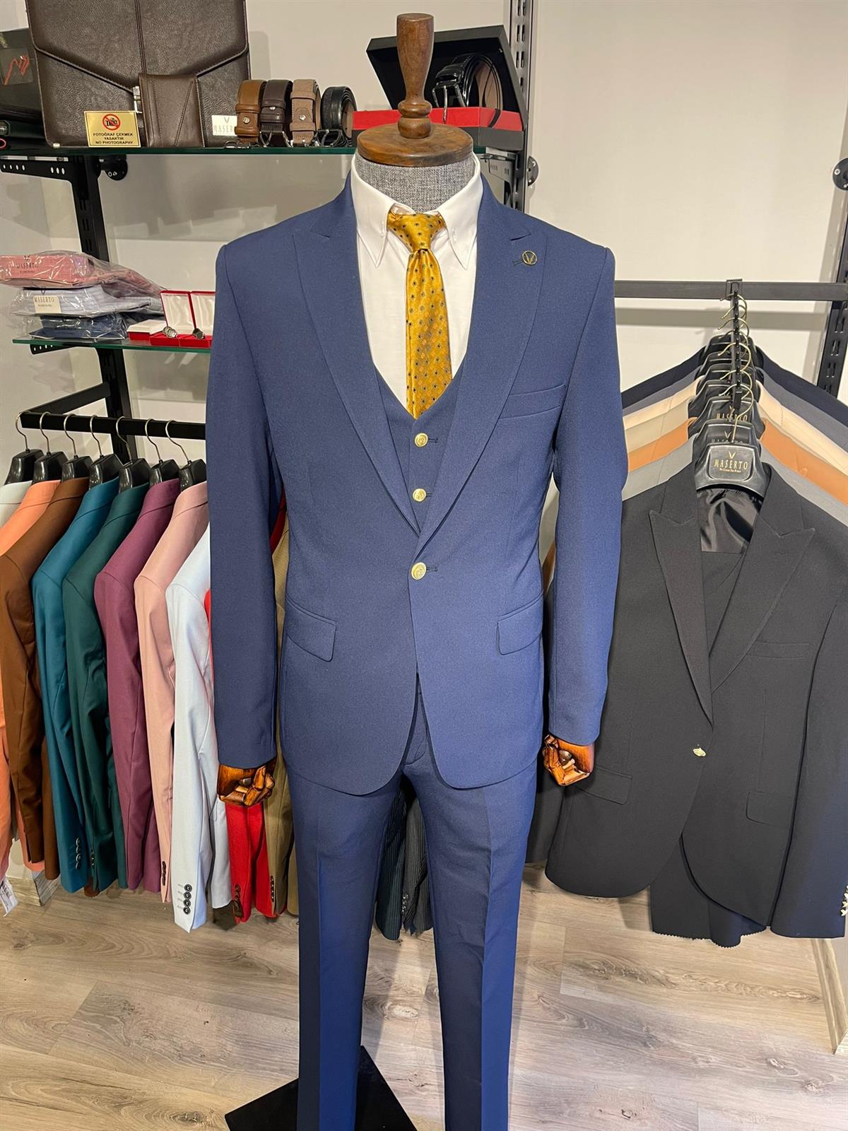 Maserto Slim Fit Lacivert Takım Elbise Düz Desenli