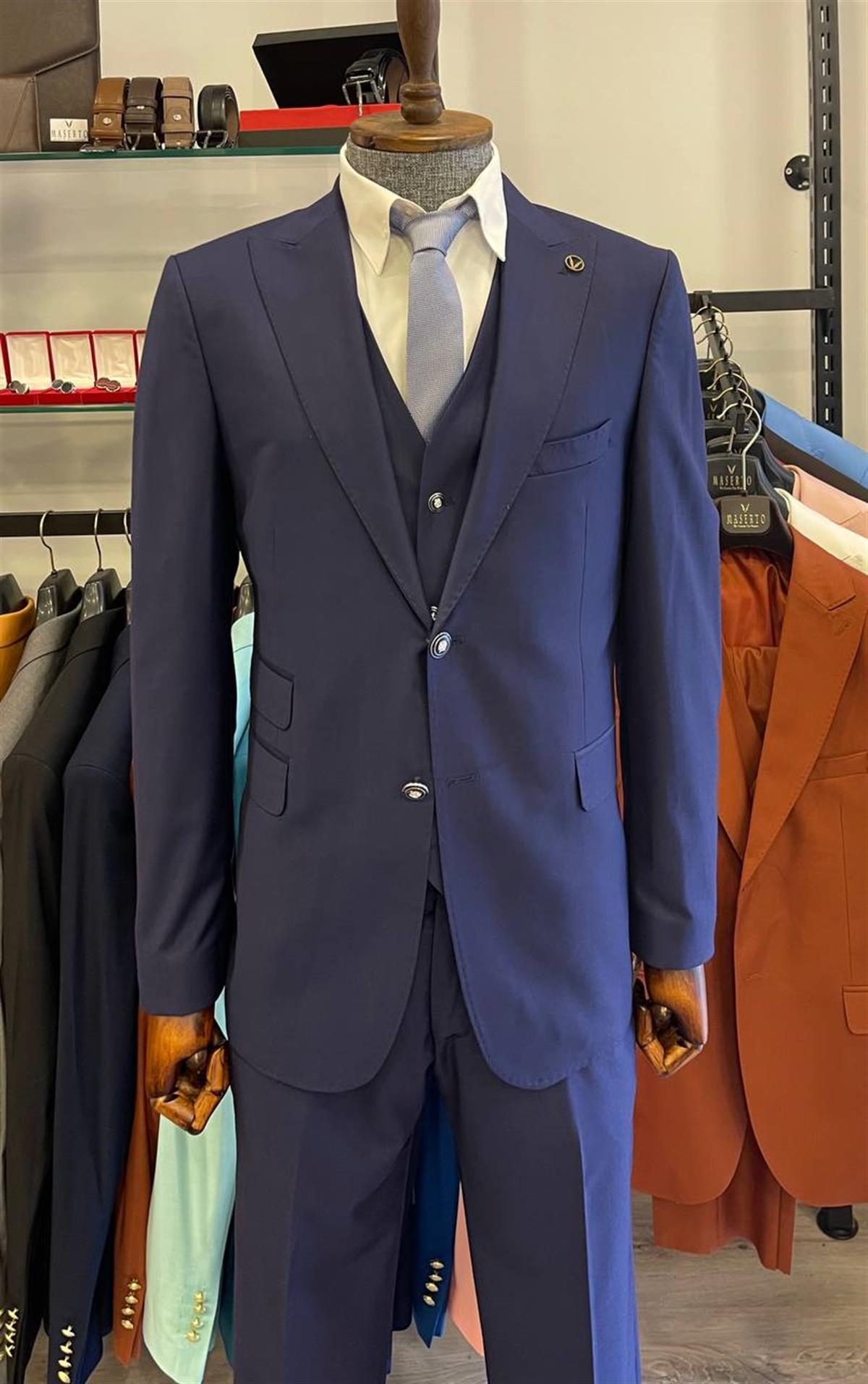 Maserto Slim Fit Lacivert Takım Elbise Düz Desenli